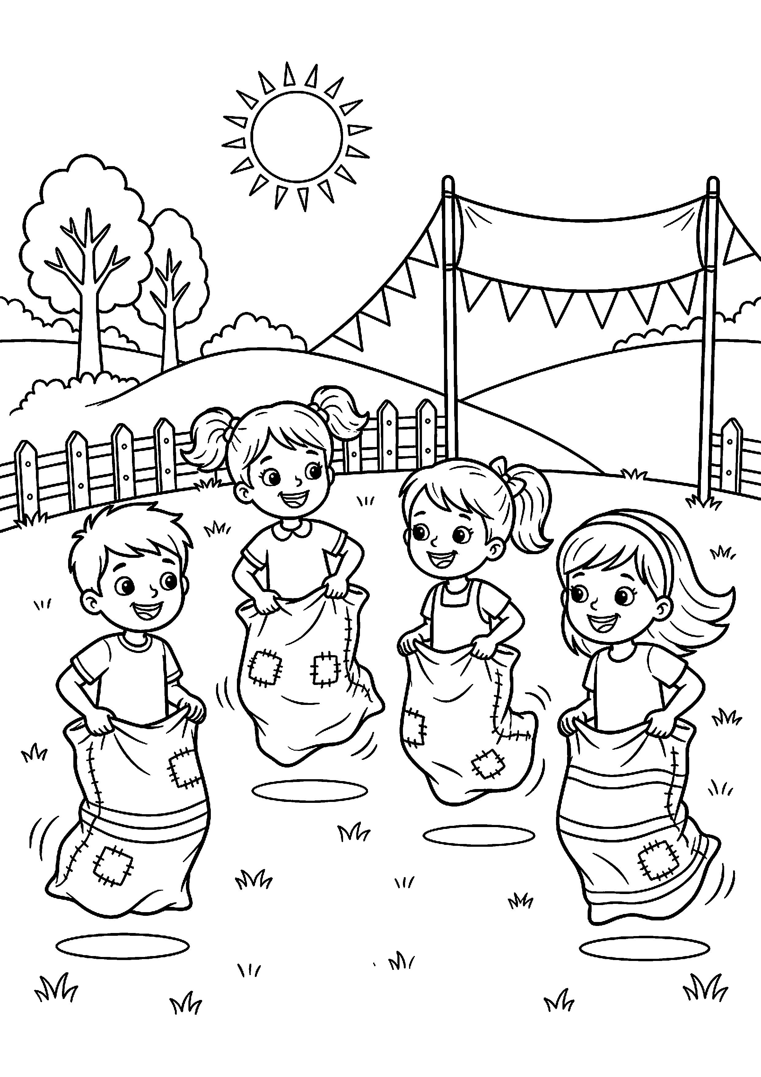 Kinderen doen zakkenrace kleurplaat — gratis kleurplaat