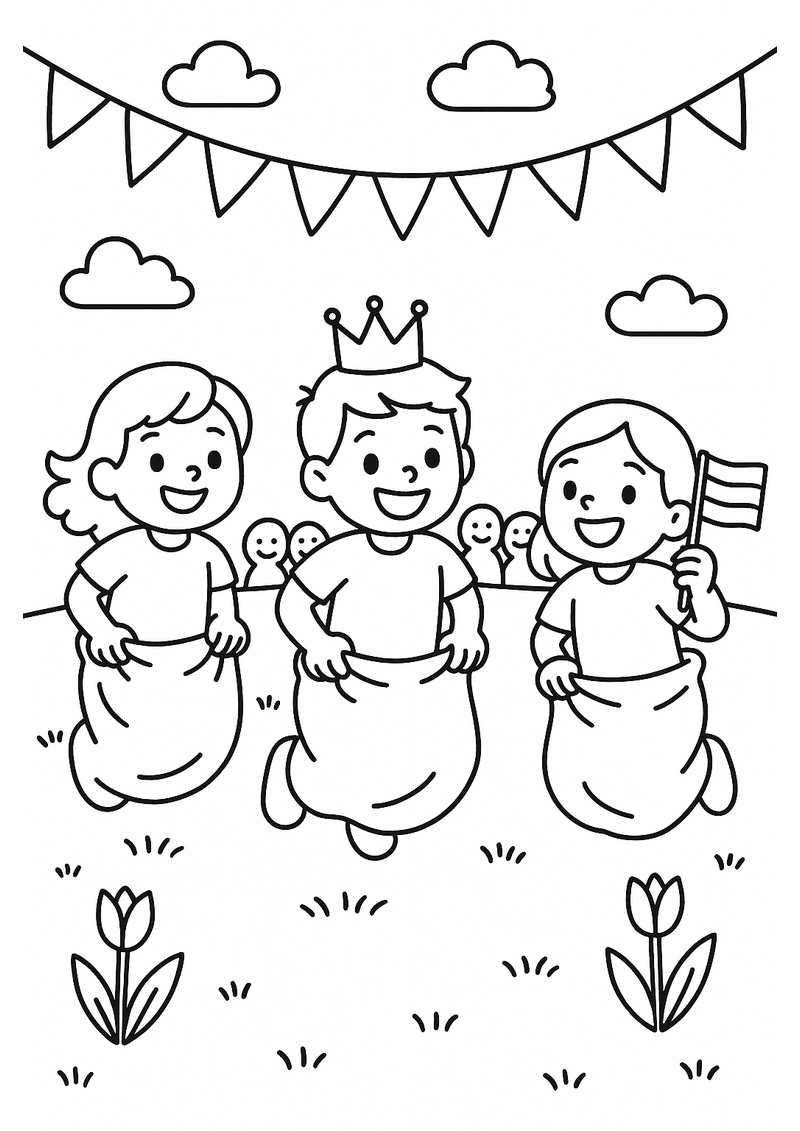 Kinderen doen Zaklopen Koningsdag Kleurplaat — gratis kleurplaat printen