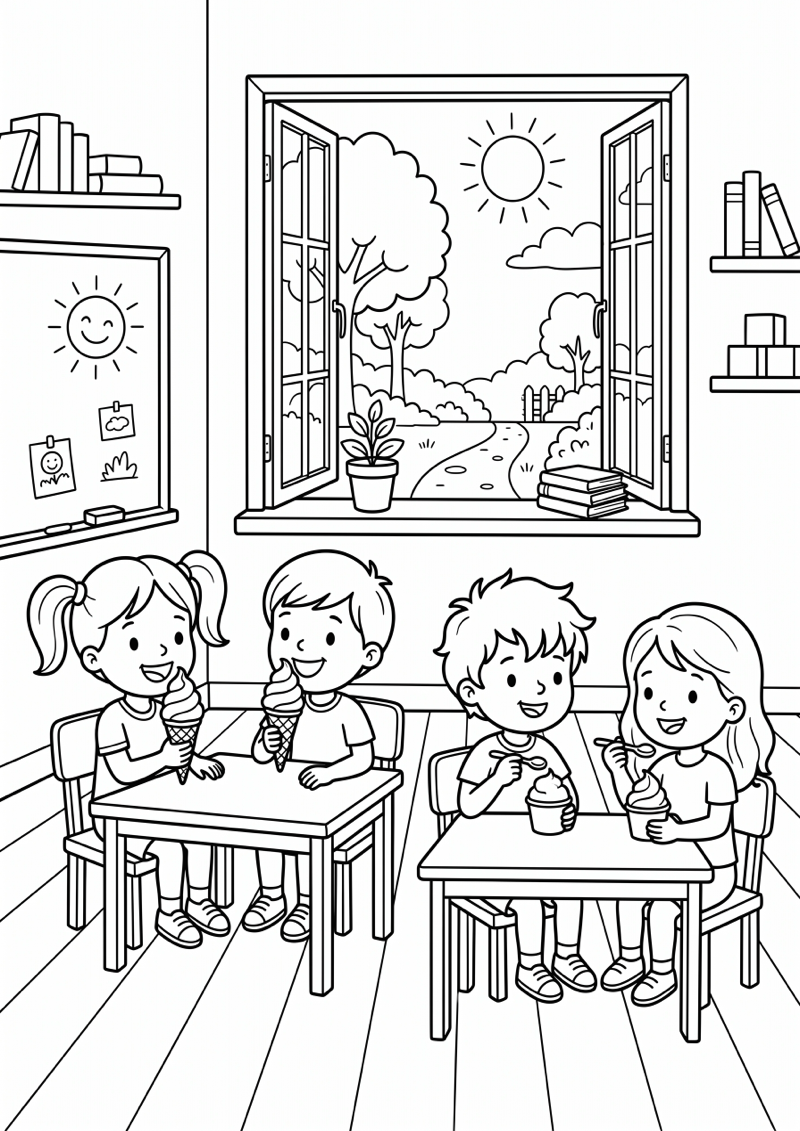 Kinderen Eten Ijsje in Klaslokaal Kleurplaat