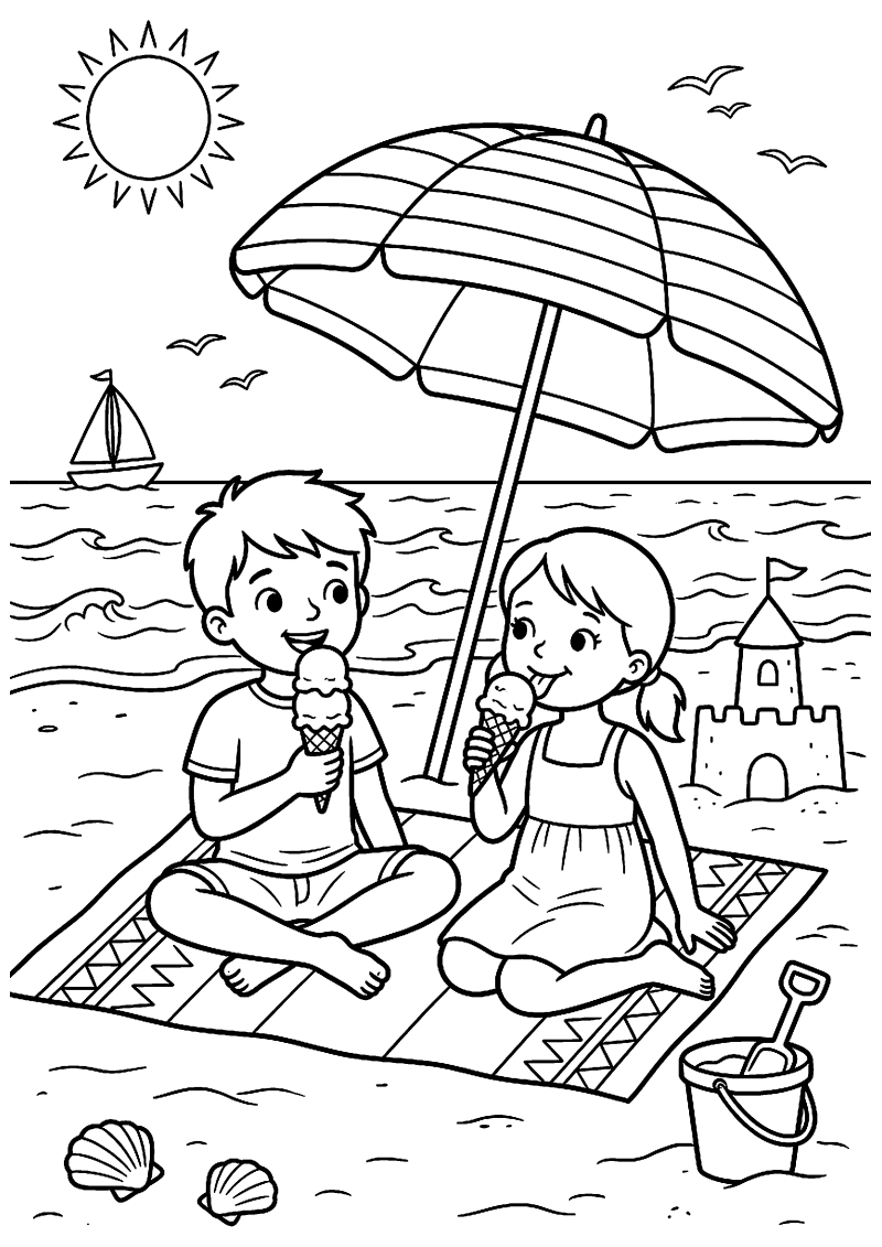 Kinderen eten ijsje op strand kleurplaat — gratis kleurplaat