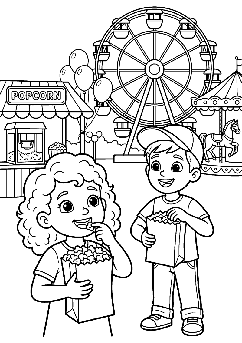 Kinderen eten popcorn op kermis kleurplaat — gratis kleurplaat