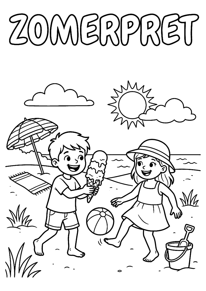 Kinderen Genieten van Zomer met Ijsje en Bal met Tekst Zomerpret Zomervakantie Kleurplaat — gratis kleurplaat