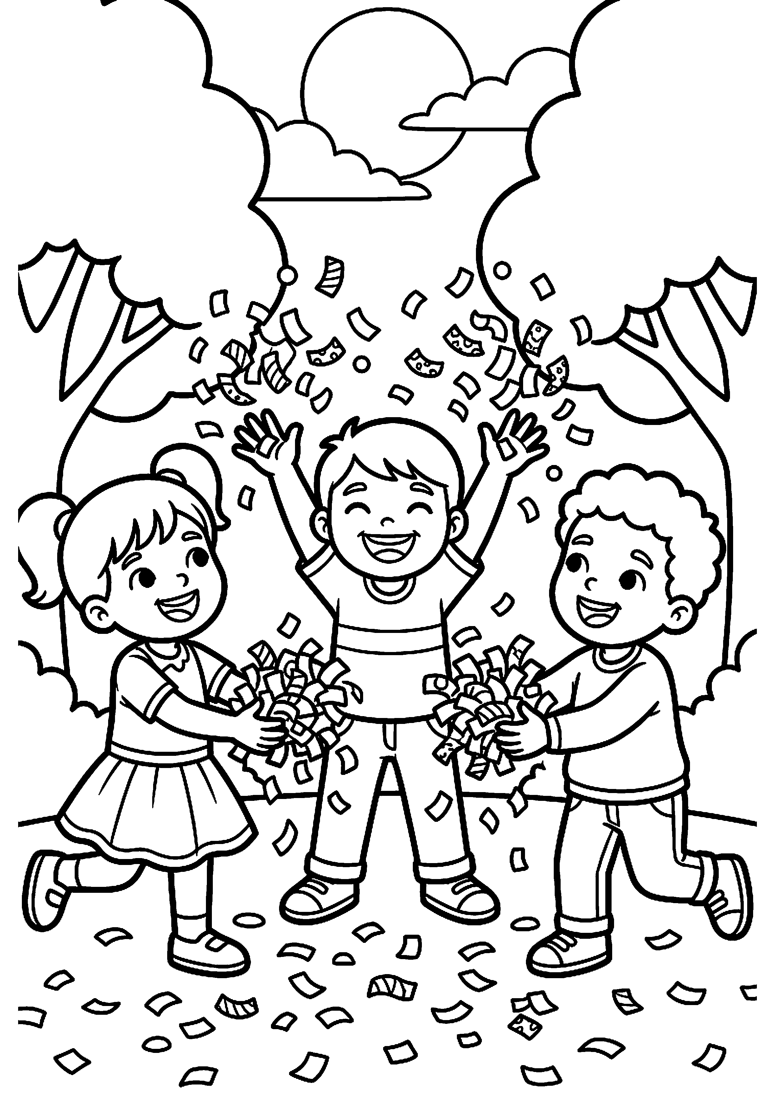 Kinderen gooien confetti kleurplaat — gratis kleurplaat