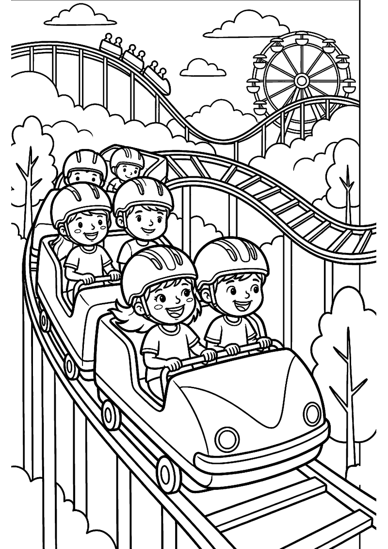 Kinderen in achtbaan met rails kleurplaat — gratis kleurplaat