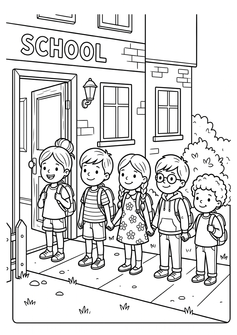 Kinderen in de Rij bij School Kleurplaat — gratis kleurplaat printen