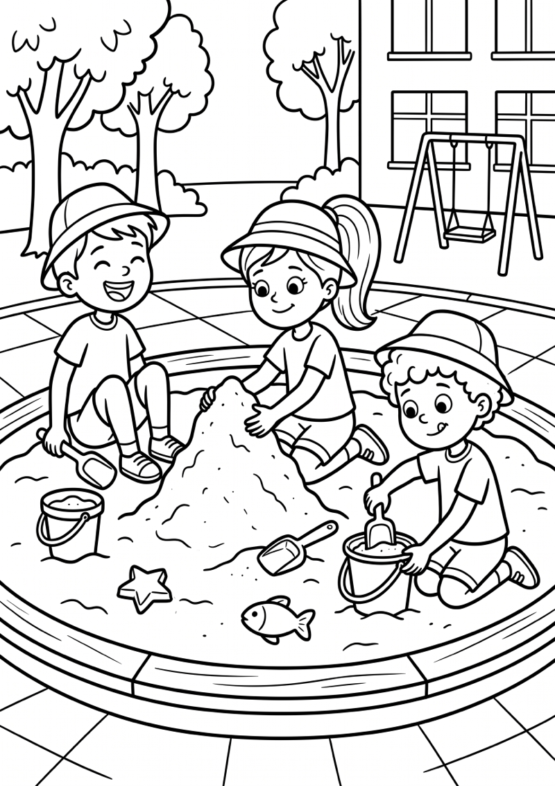 Kinderen in Zandbak op School Kleurplaat