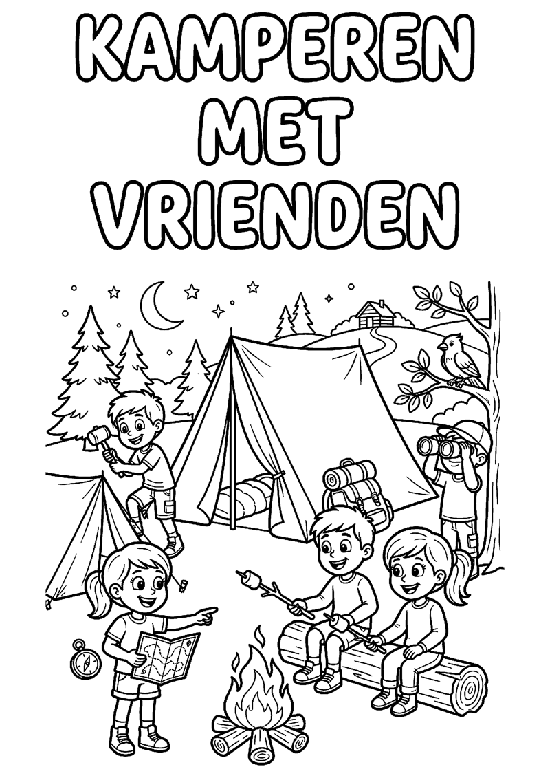 Kinderen Kamperen Samen bij Tent met Tekst Kamperen met Vrienden Kamperen Kleurplaat — gratis kleurplaat