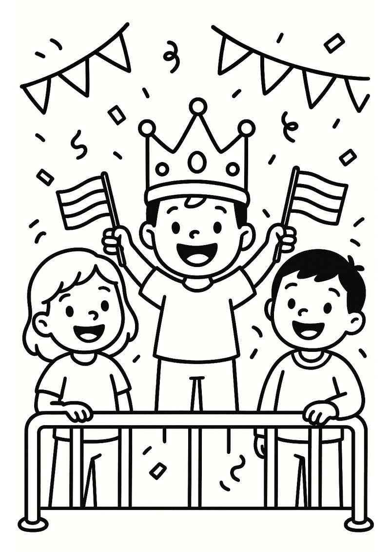 Kinderen Kijken naar de Optocht Koningsdag Kleurplaat — gratis kleurplaat printen