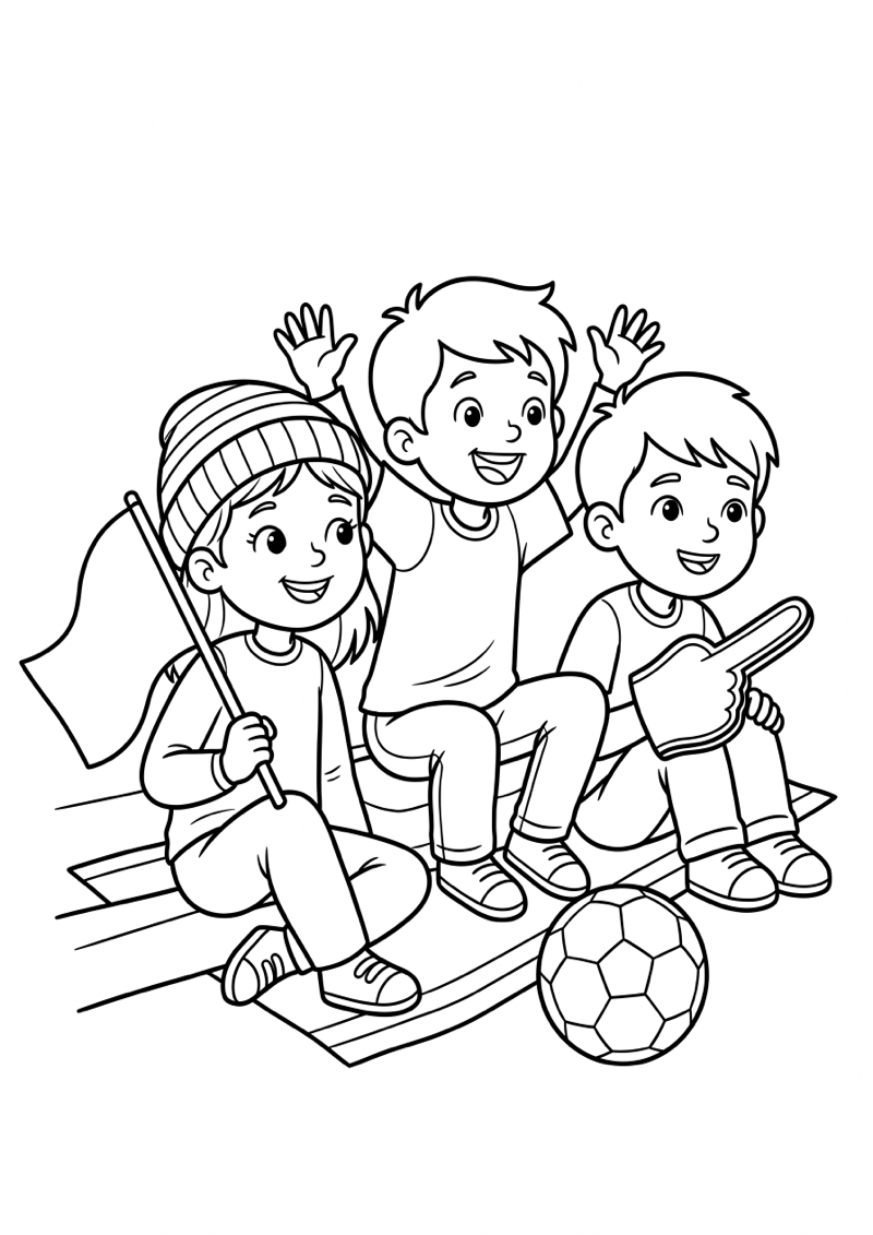 Kinderen Kijken Voetbal met Vlag Kleurplaat — gratis kleurplaat printen