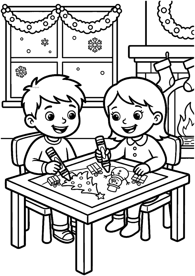Kleurplaat van jongen en meisje aan tafel die samen een kerstboom, cadeau en sneeuwpop inkleuren met dikke stiften.