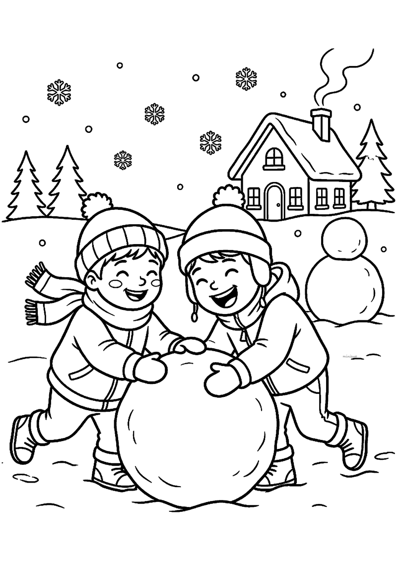 Kleurplaat van twee lachende kinderen met mutsen die samen een grote sneeuwbal rollen om een sneeuwpop te bouwen.