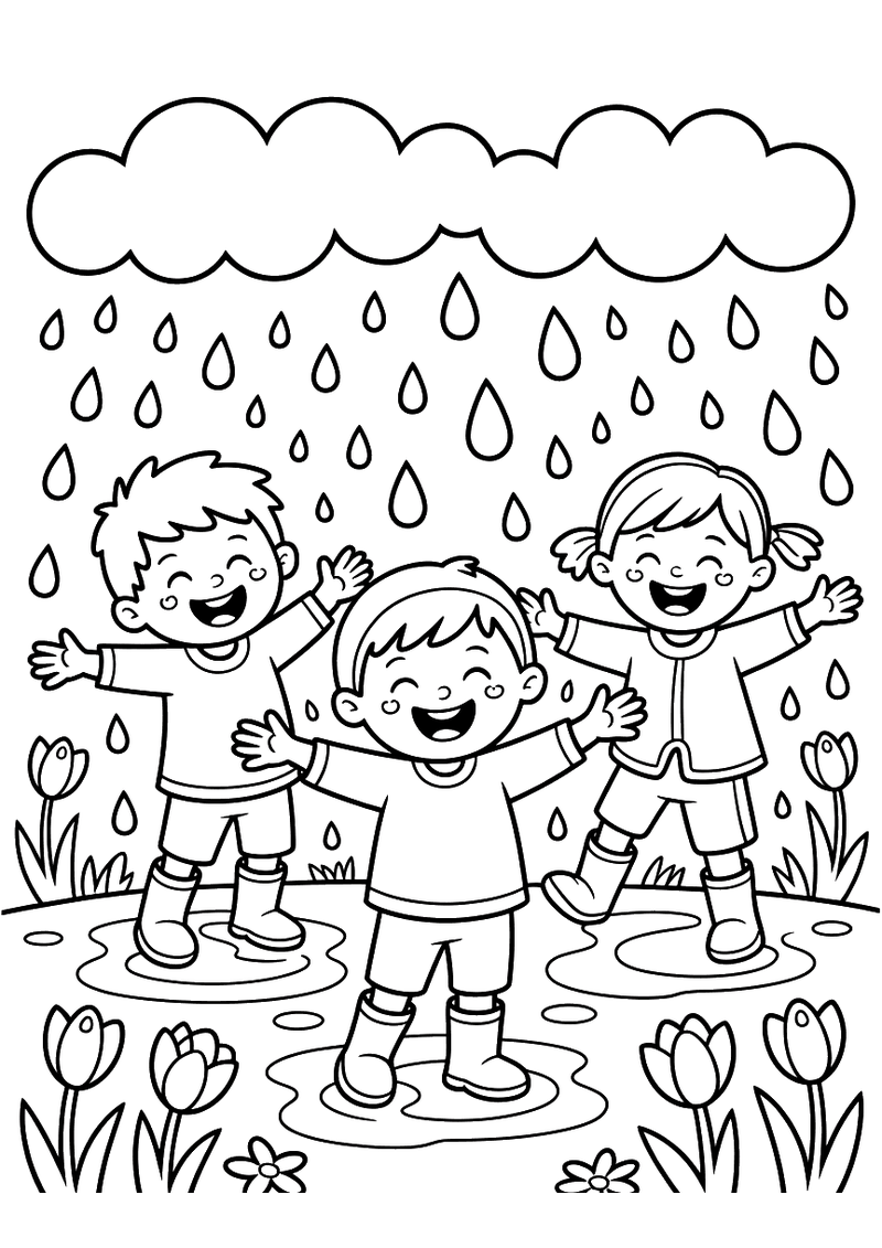 Kleurplaat van drie lachende kinderen in regenjassen die dansen en springen in de regen, met regendruppels en tulpen op 