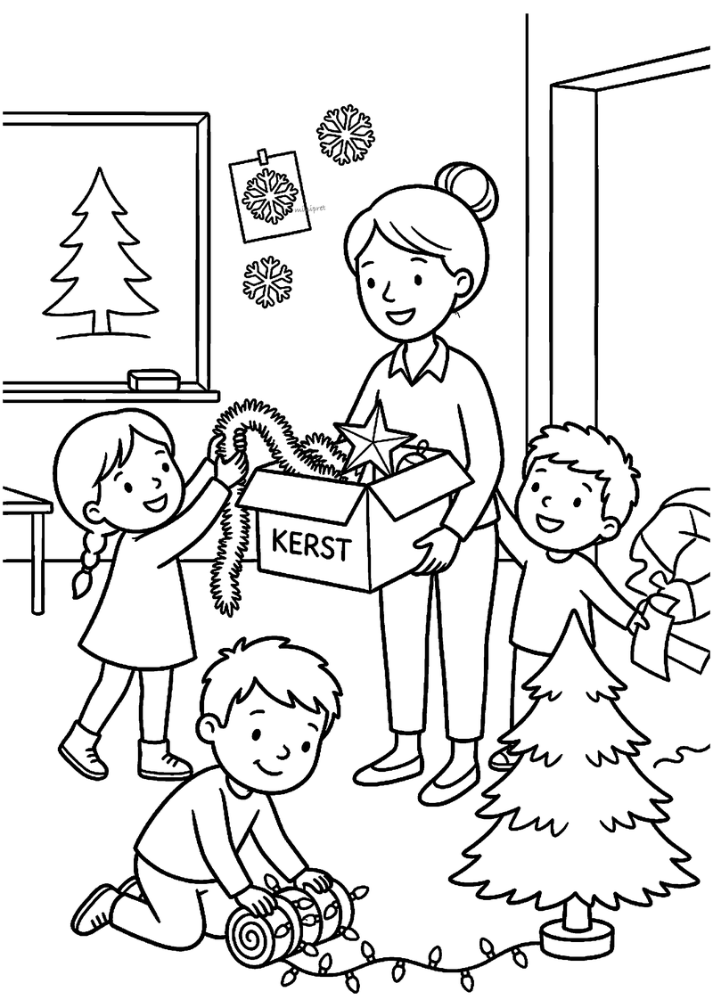 Kleurplaat van juf die KERST-doos met krans en ster vasthoudt terwijl drie kinderen helpen met versiering opruimen.