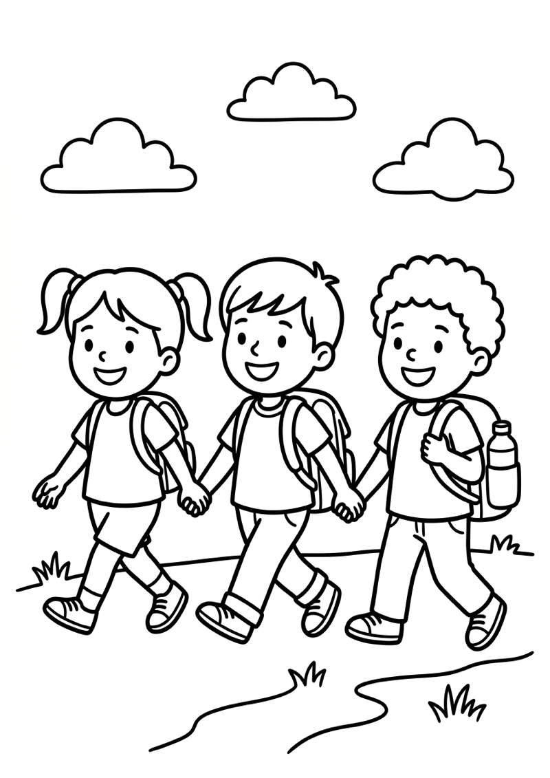 Kinderen met Rugzak Kleurplaat — gratis kleurplaat