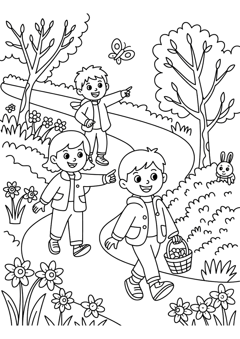 Kleurplaat van drie kinderen die door een lentetuin lopen met bloesembomen, bloemen, een vlinder en een konijn op de ach