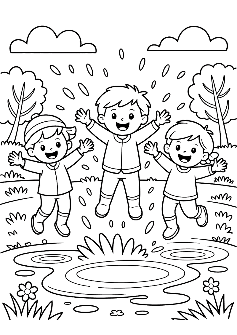 Kleurplaat van drie uitgelaten kinderen die in een grote plas springen met regendruppels en bomen op de achtergrond