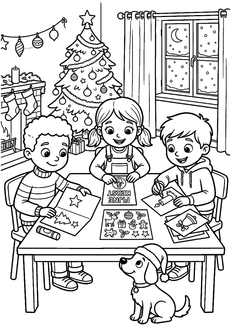 Kleurplaat van drie kinderen aan tafel die kerstkaarten maken met FIJNE KERST, ster en stickers, met hond met kerstmuts.