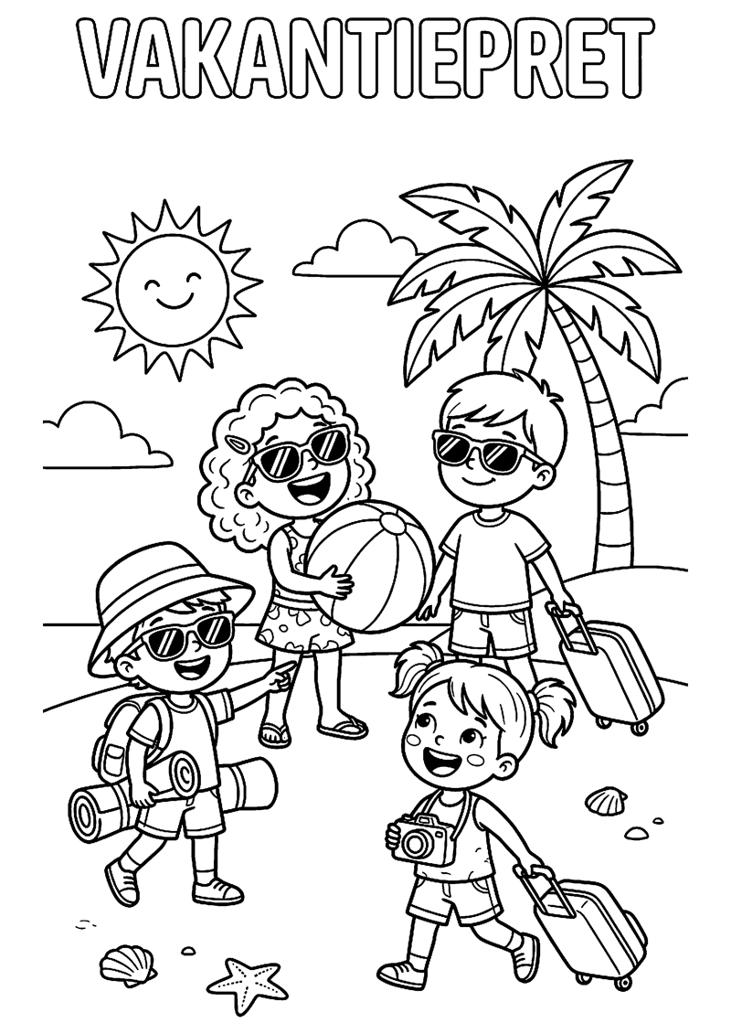Kinderen Lachen met Koffers Zonnebrillen en Strandbal met Tekst Vakantiepret Vakantie Kleurplaat — gratis kleurplaat printen