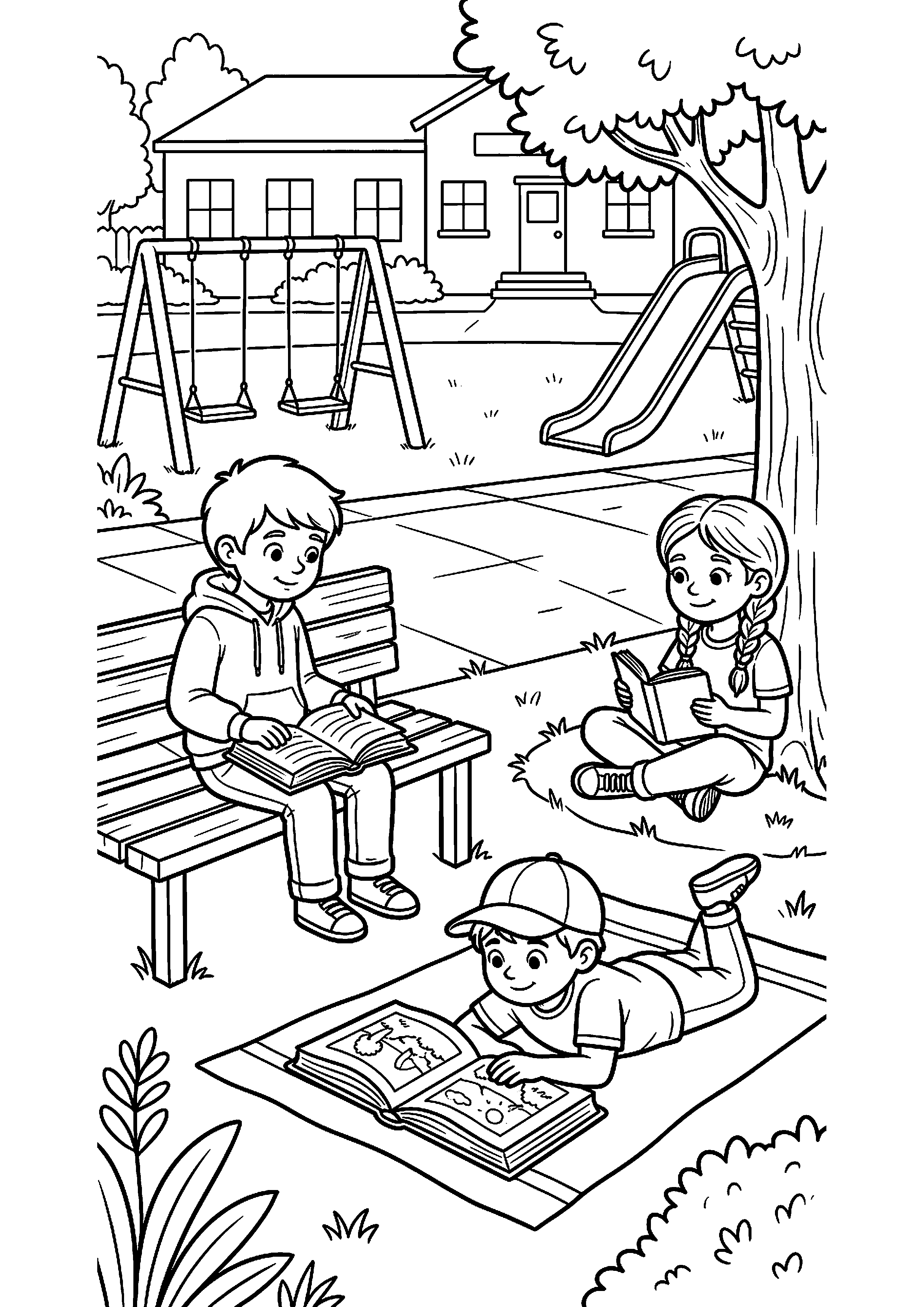 Kinderen lezen op het schoolplein kleurplaat — gratis kleurplaat