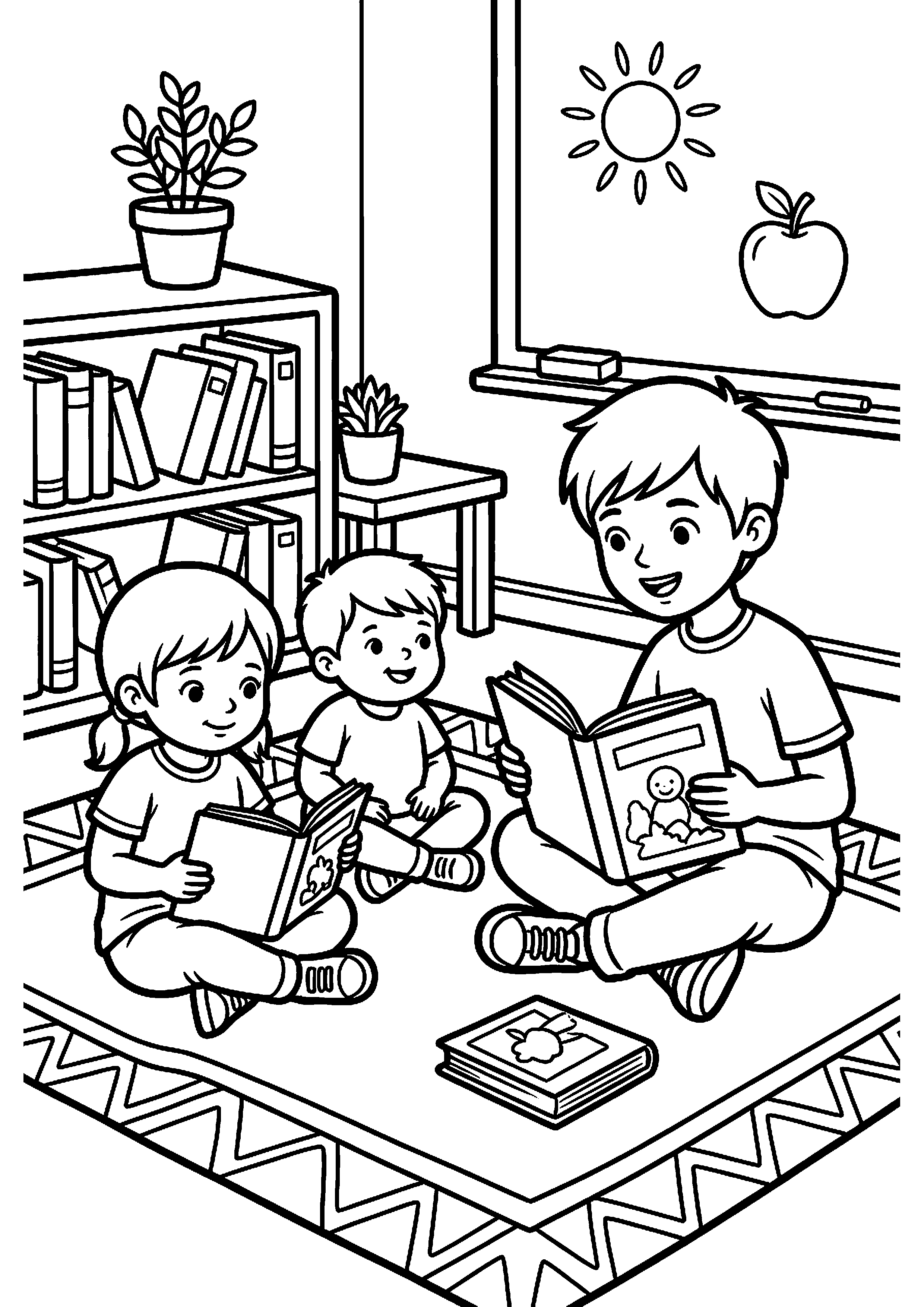 Kinderen lezen samen in de klas kleurplaat — gratis kleurplaat