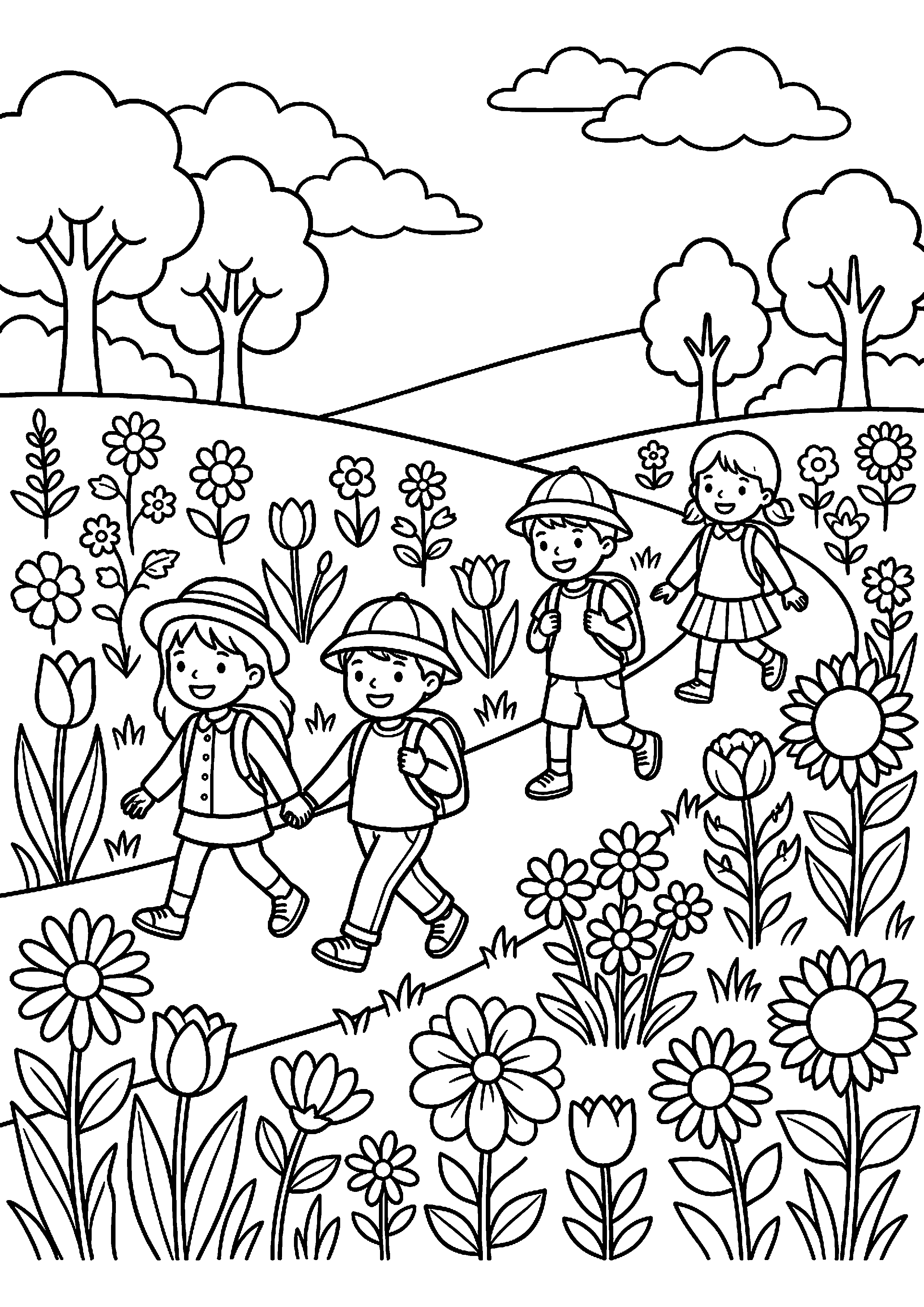 Kinderen lopen door bloemenveld kleurplaat — gratis kleurplaat