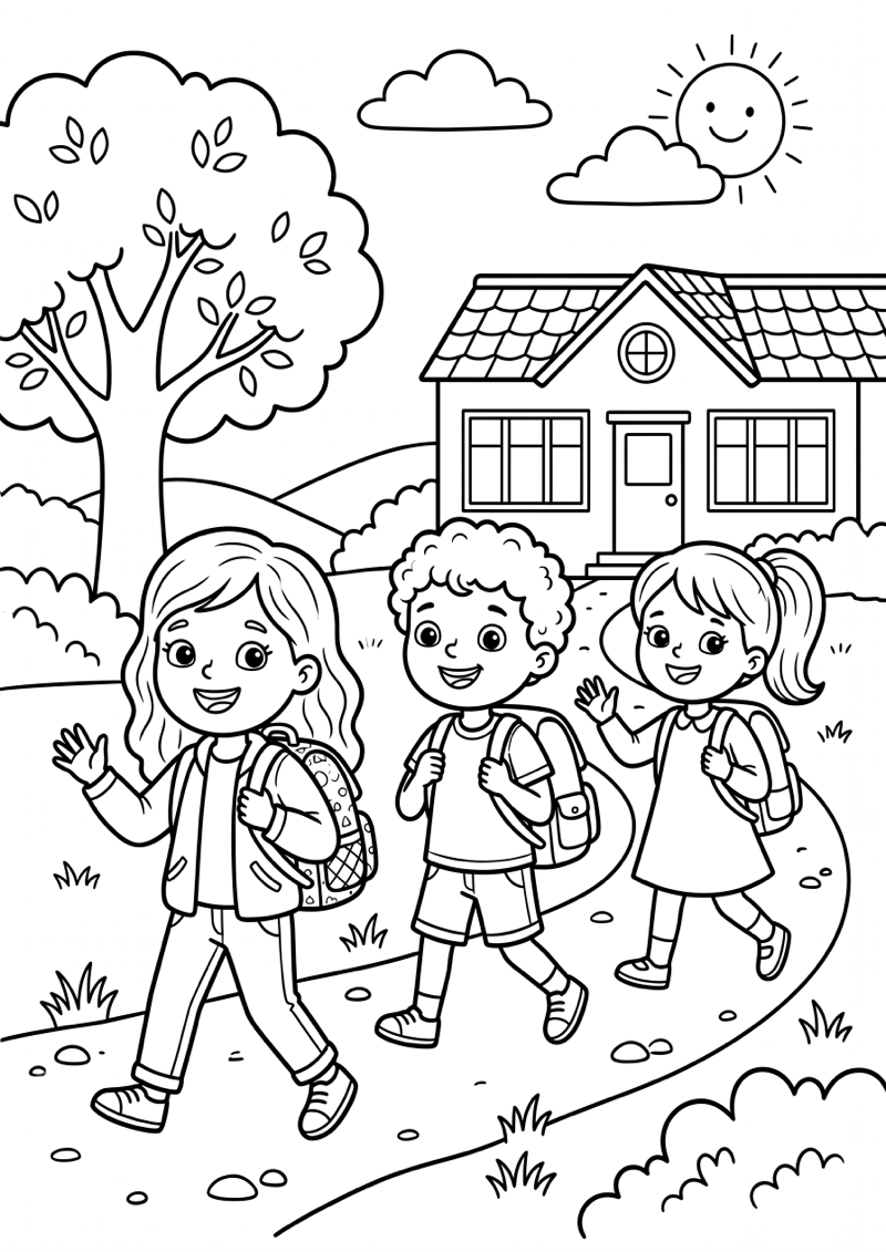 Kinderen Lopen naar School Kleurplaat — gratis kleurplaat printen