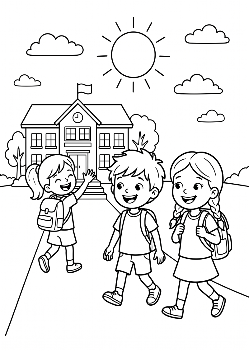 Kinderen Lopen School Uit Einde Schooljaar Kleurplaat — gratis kleurplaat