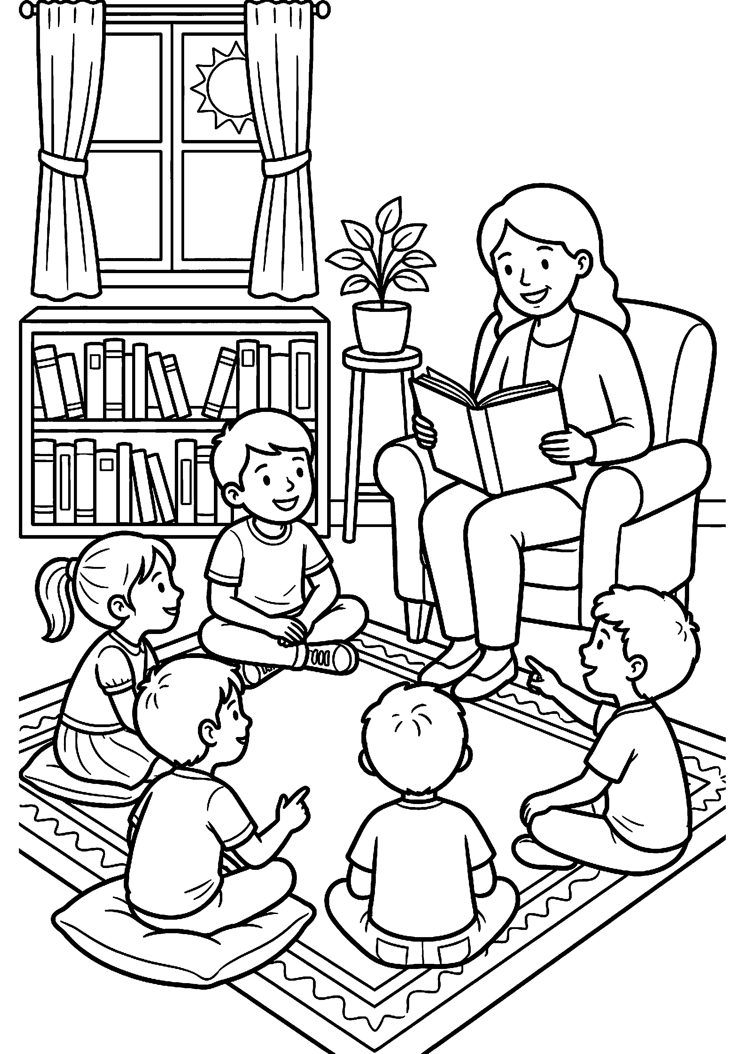 Kinderen luisteren naar voorleesverhaal kleurplaat — gratis kleurplaat