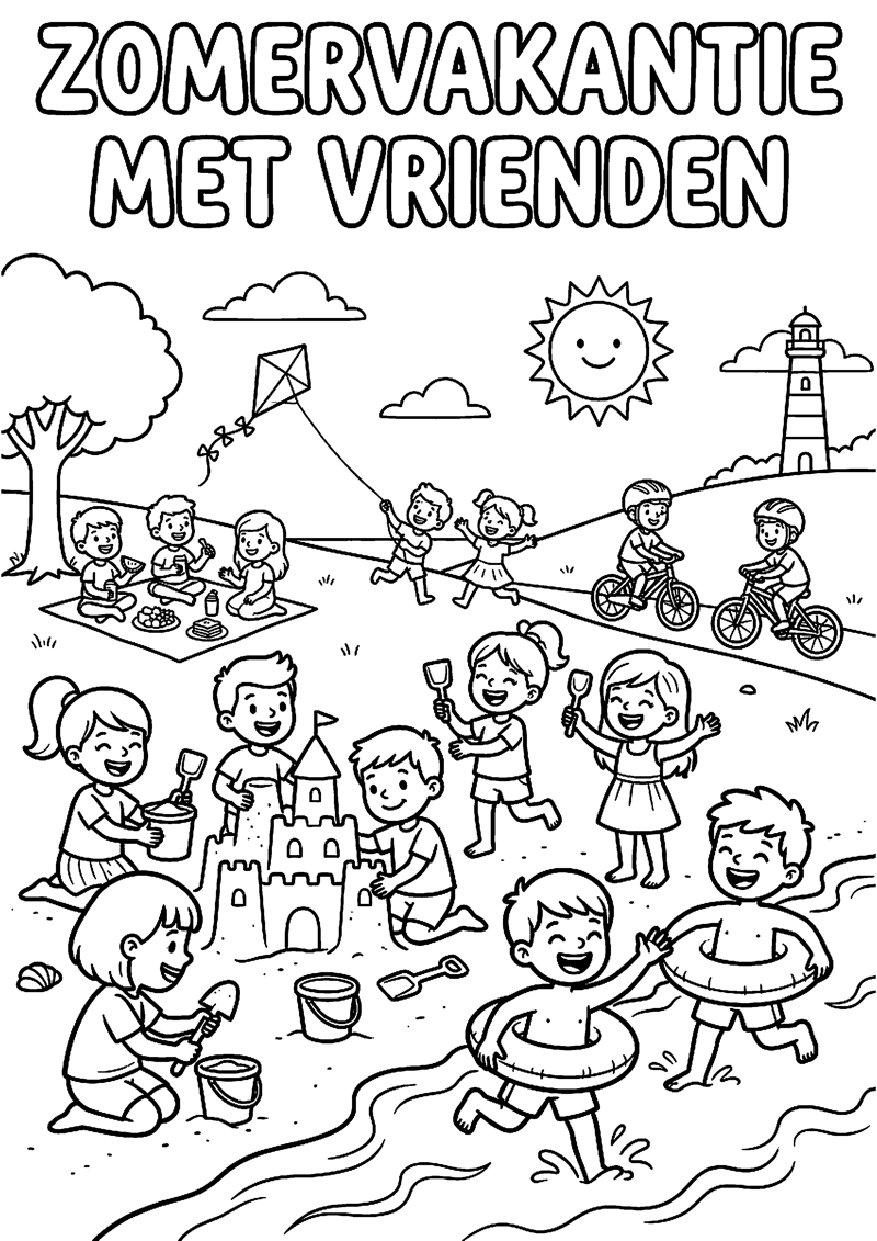 Kinderen Maken Samen Plezier in de Zomer met Tekst Zomervakantie met Vrienden Zomervakantie Kleurplaat — gratis kleurplaat