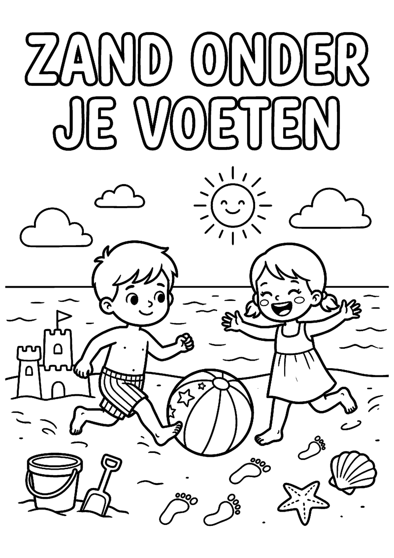 Kinderen met Blote Voeten op Strand en Strandbal met Tekst Zand onder Je Voeten Strand Kleurplaat — gratis kleurplaat printen