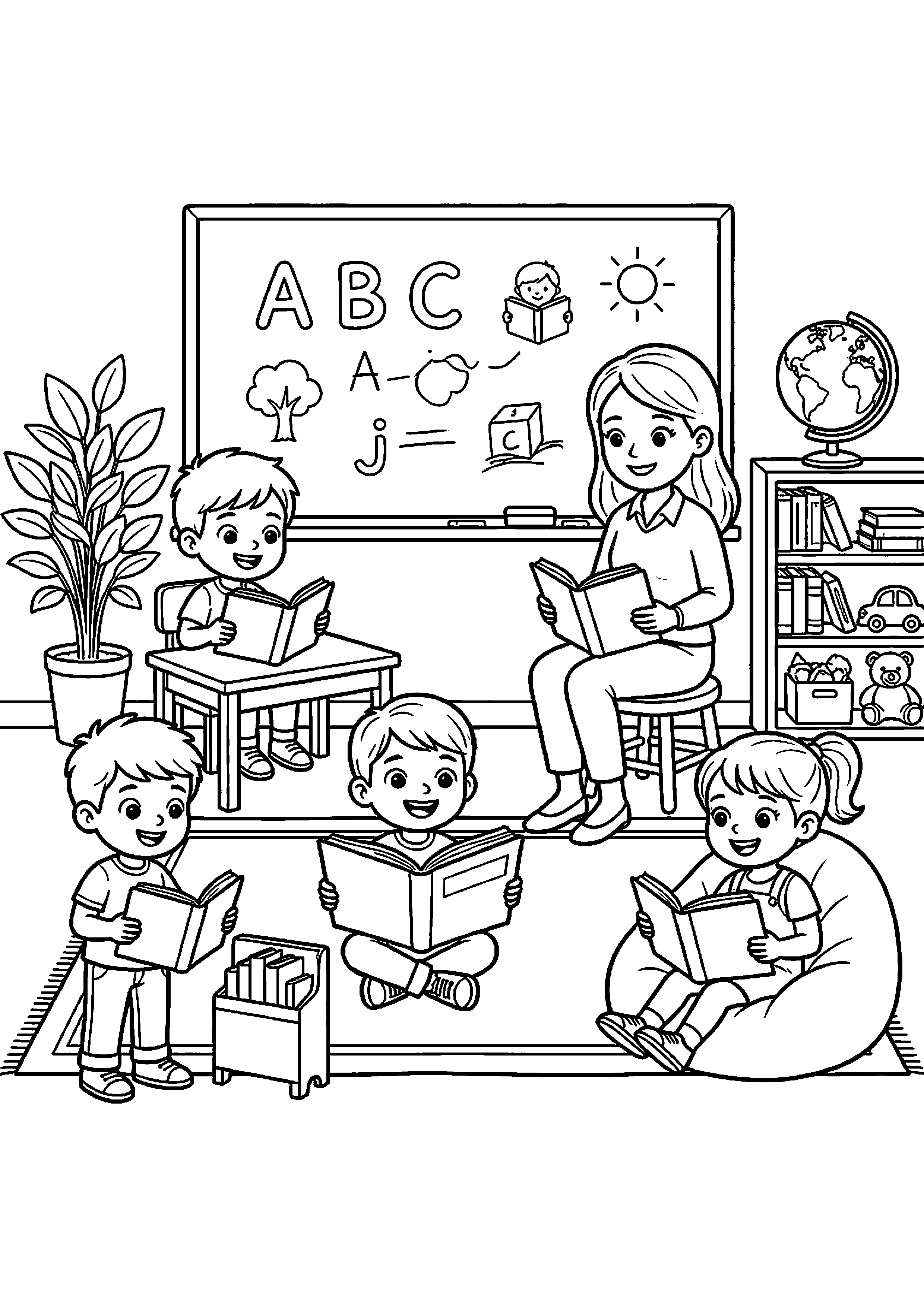 Kinderen met boeken in de klas kleurplaat — gratis kleurplaat