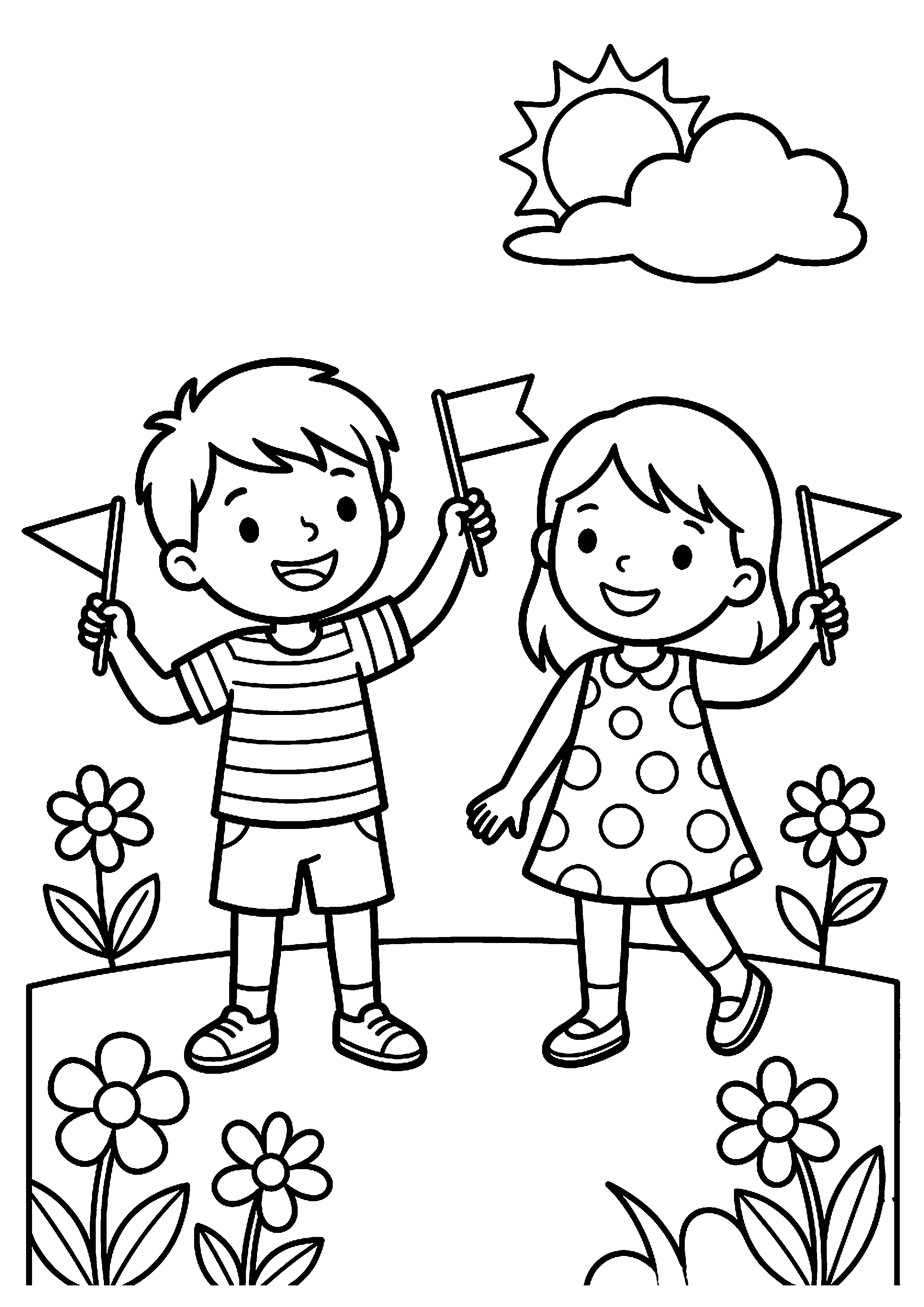 Kinderen met kleine vlaggetjes kleurplaat — gratis kleurplaat