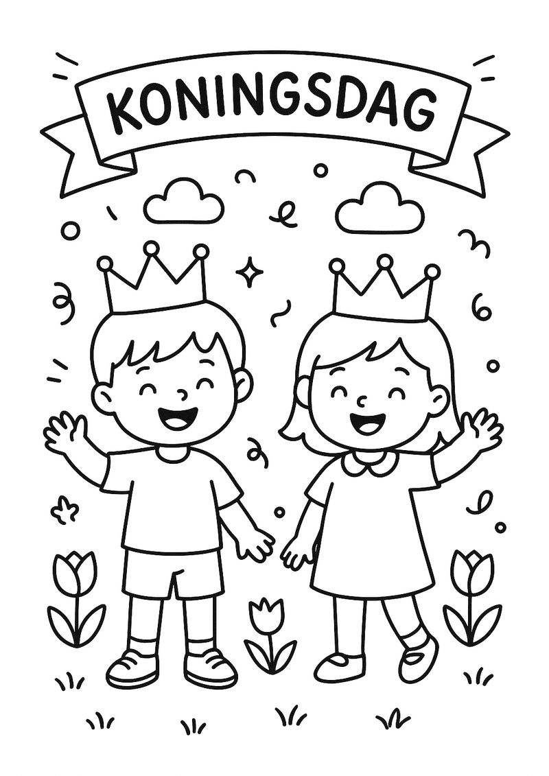 Kinderen met Kroon onder Koningsdag Banner Kleurplaat — gratis kleurplaat printen