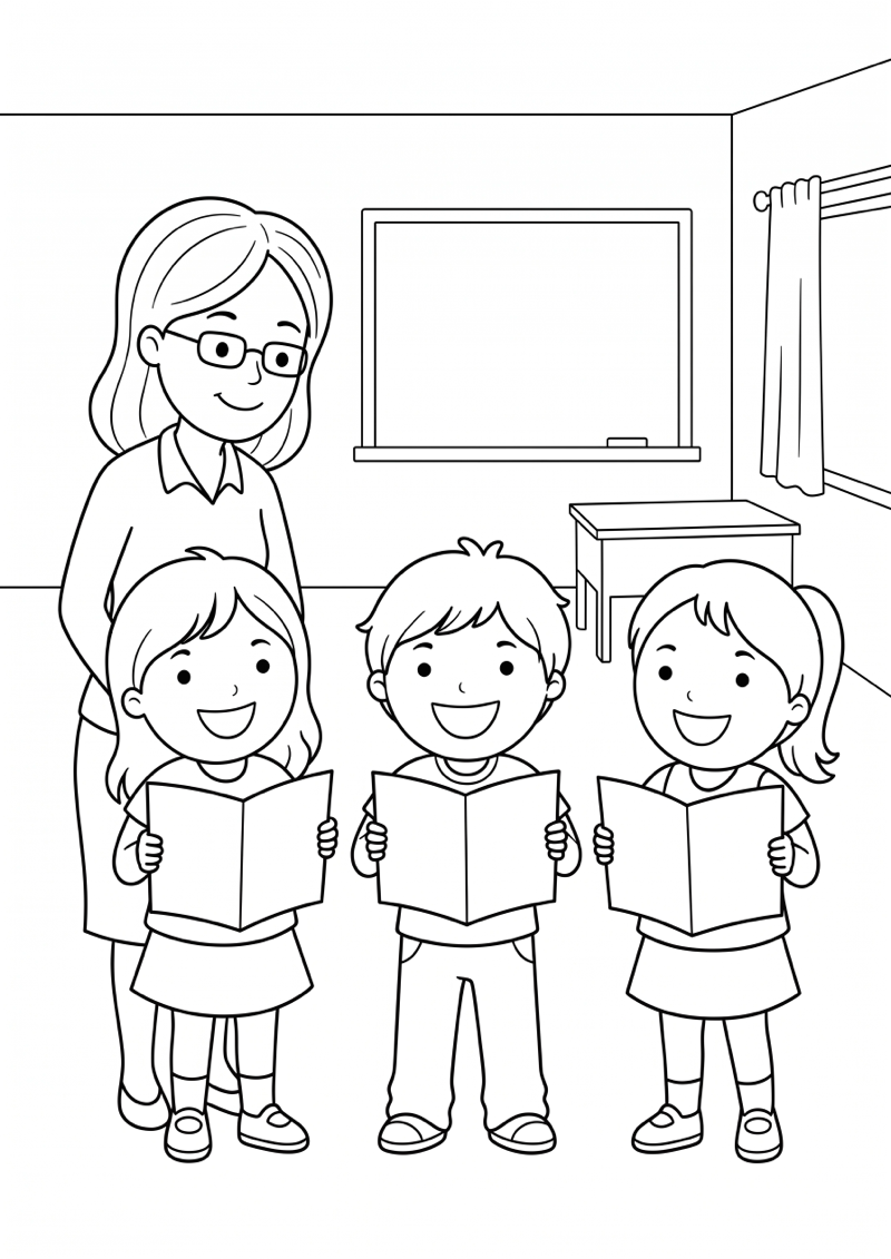 Kinderen met Rapport in de Klas Einde Schooljaar Kleurplaat — gratis kleurplaat