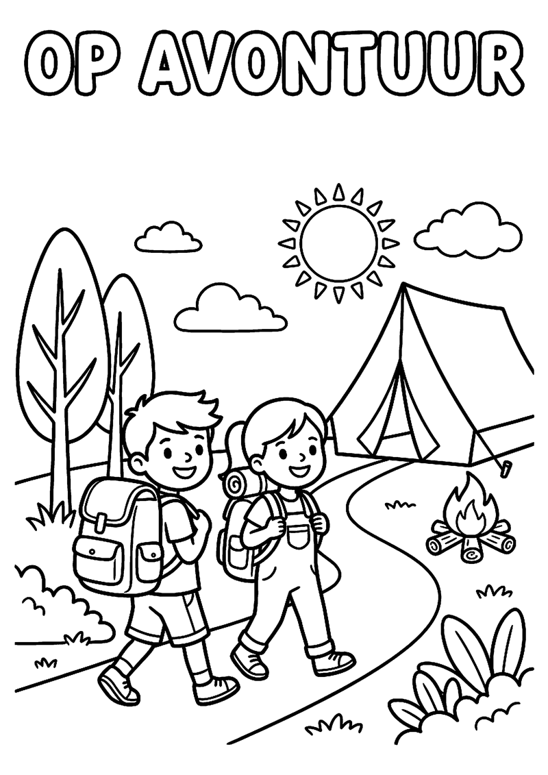 Kinderen met Rugzakken naar Campingplek met Tekst op Avontuur Kamperen Kleurplaat — gratis kleurplaat