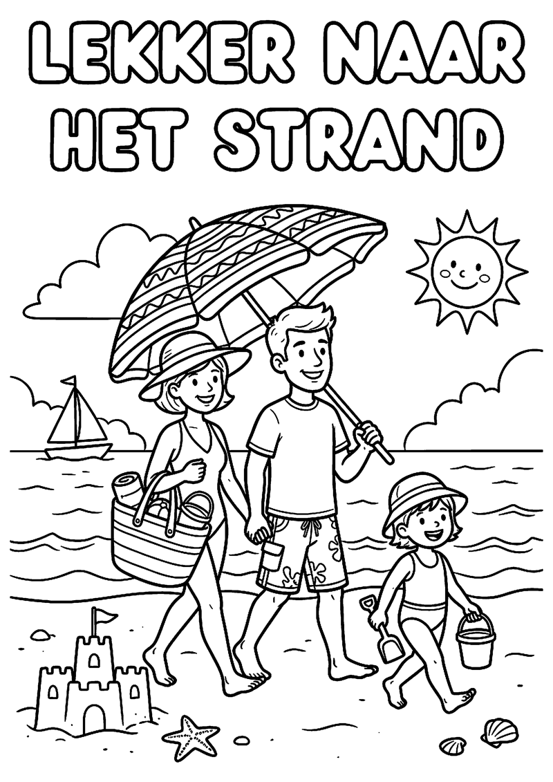 Kinderen of Gezin met Strandtas en Parasol met Tekst Lekker naar het Strand Strand Kleurplaat — gratis kleurplaat printen