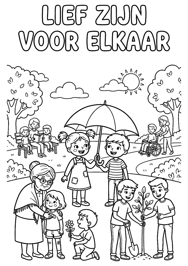 Kinderen of Mensen die Elkaar Helpen of Troosten met Tekst Lief Zijn voor Elkaar Zorg Kleurplaat — gratis kleurplaat printen