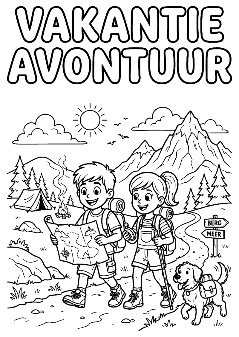 Kinderen op Avontuur met Rugzak en Kaart met Tekst Vakantie Avontuur Vakantie Kleurplaat — gratis kleurplaat printen