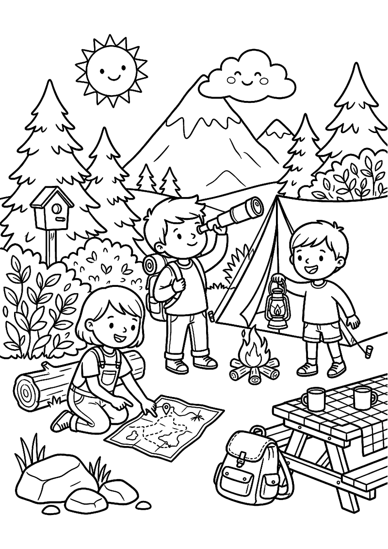 Kinderen op camping kleurplaat