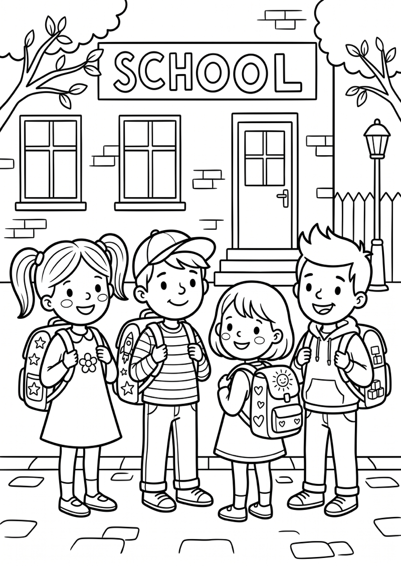 Kinderen op het Schoolplein met Rugzak Kleurplaat — gratis kleurplaat