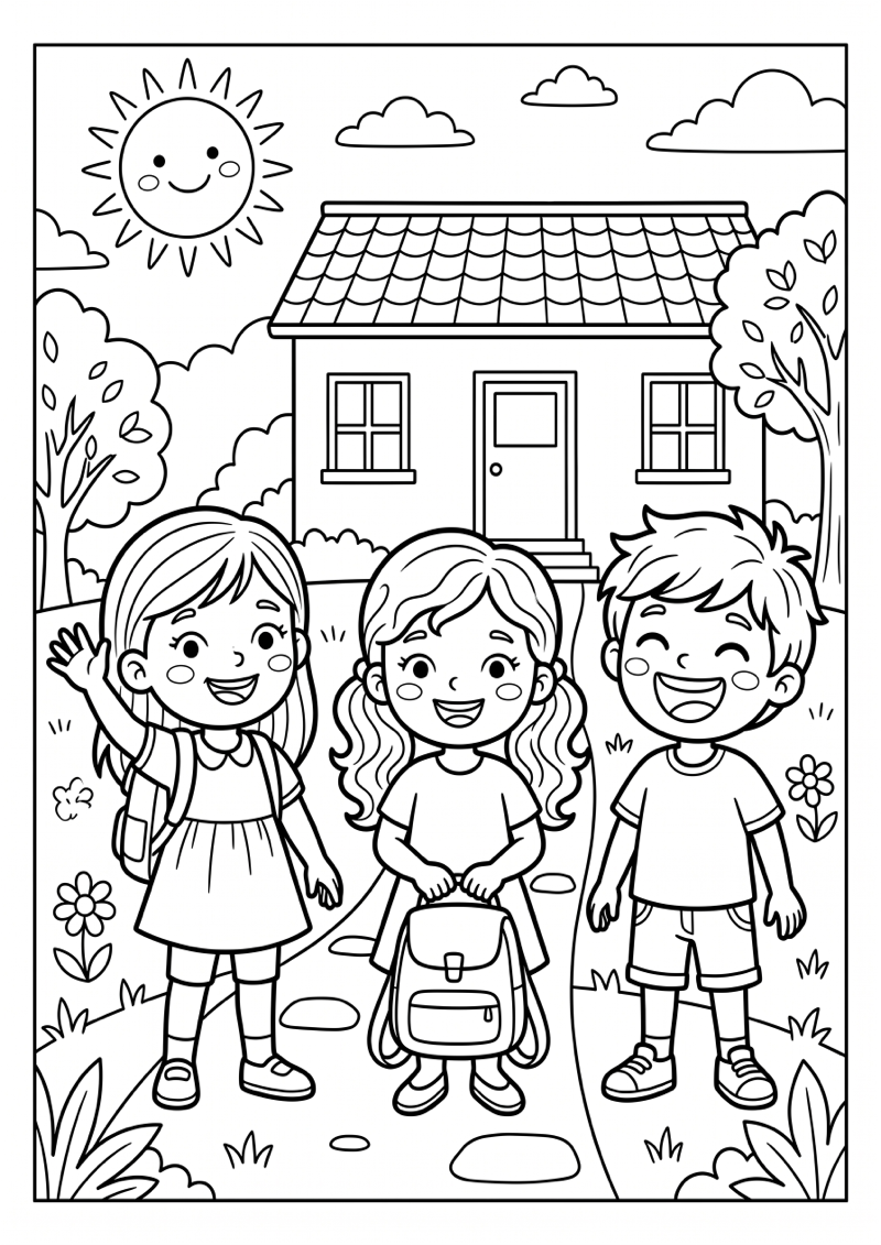 Kinderen op Laatste Schooldag Einde Schooljaar Kleurplaat — gratis kleurplaat