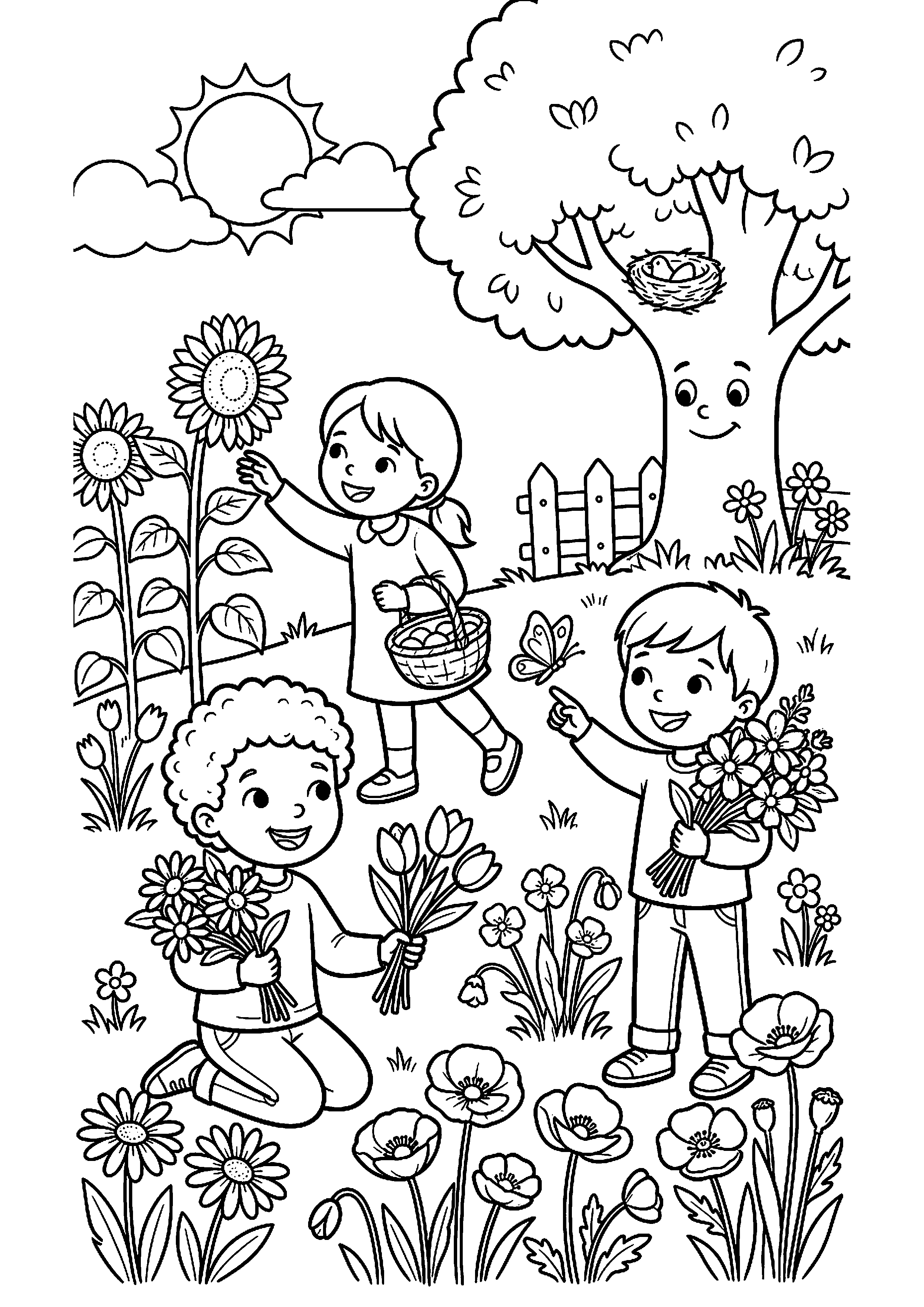 Kinderen plukken bloemen kleurplaat — gratis kleurplaat