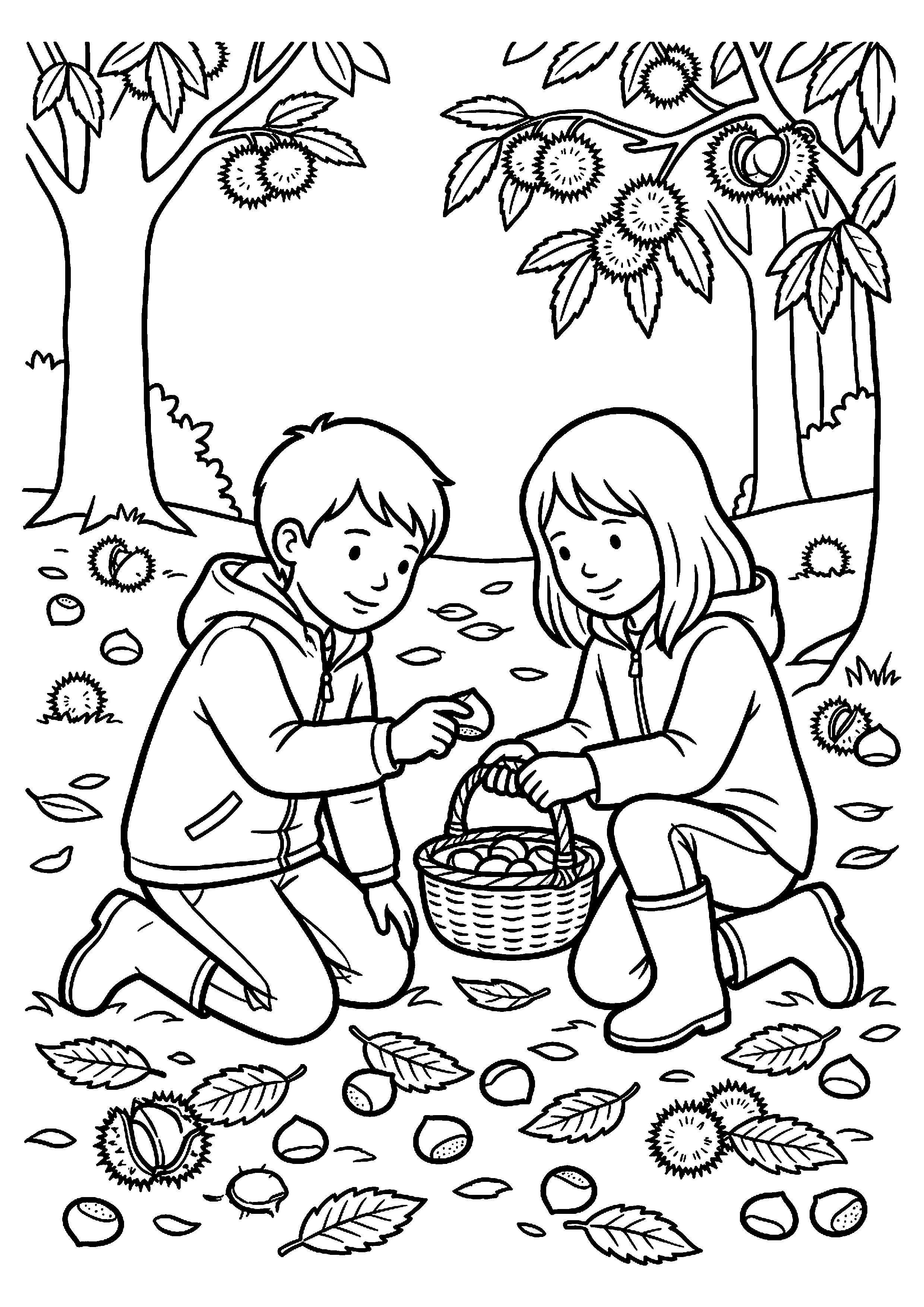 Kinderen rapen kastanjes kleurplaat — gratis kleurplaat