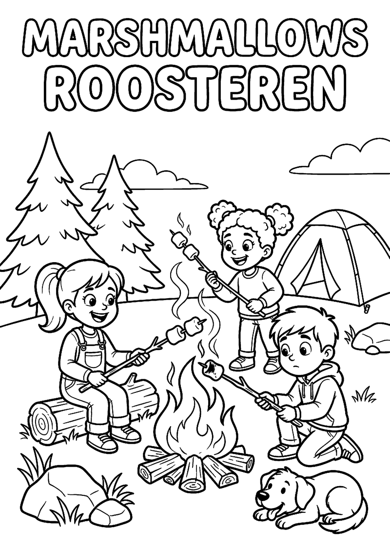 Kinderen Roosteren Marshmallows Boven Kampvuur met Tekst Marshmallows Roosteren Kamperen Kleurplaat — gratis kleurplaat