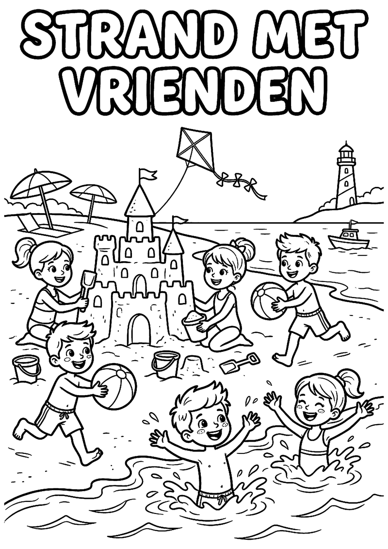 Kinderen Samen Plezier op Strand met Tekst Strand met Vrienden Strand Kleurplaat — gratis kleurplaat printen