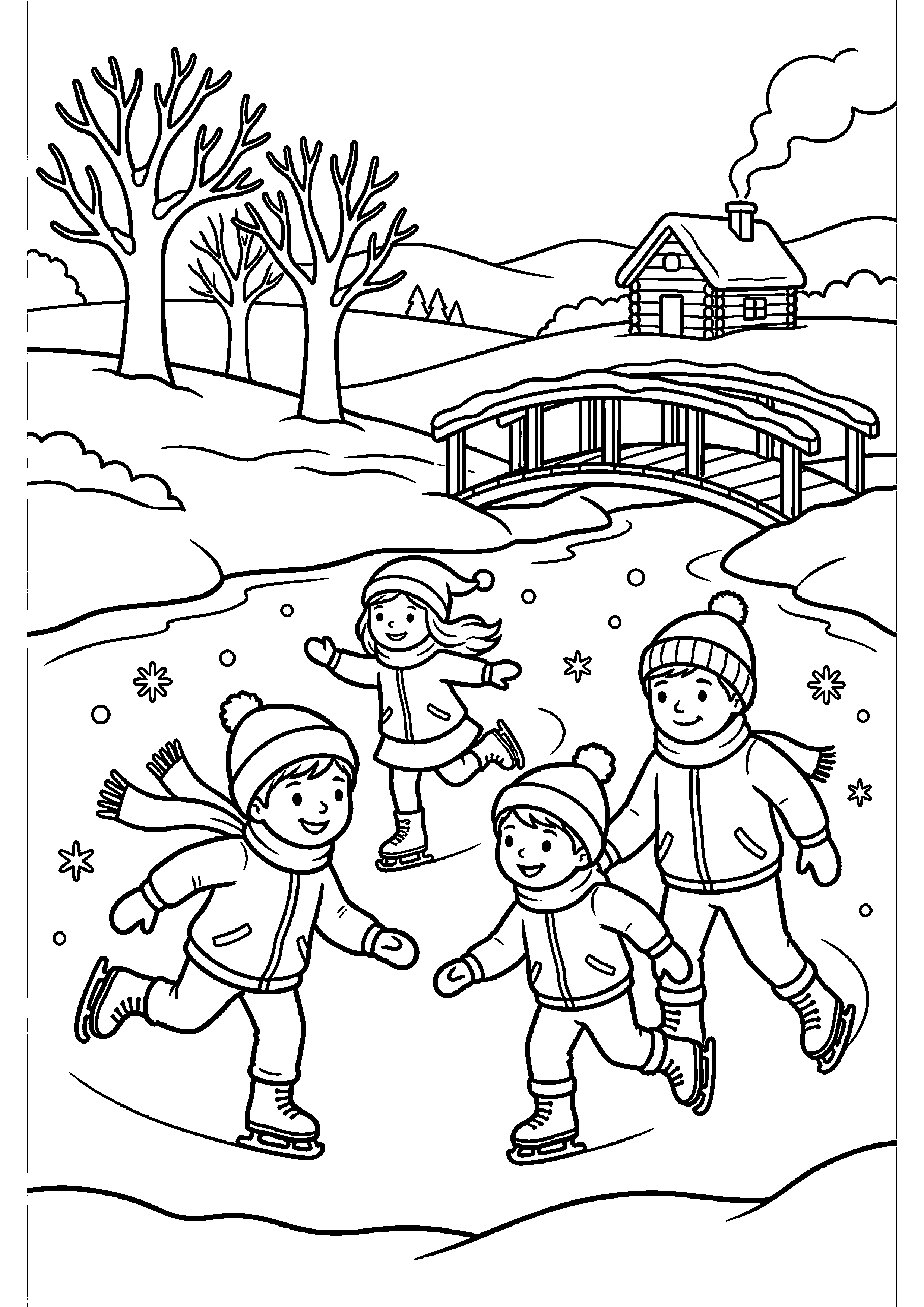 Kinderen schaatsen op bevroren vijver kleurplaat — gratis kleurplaat