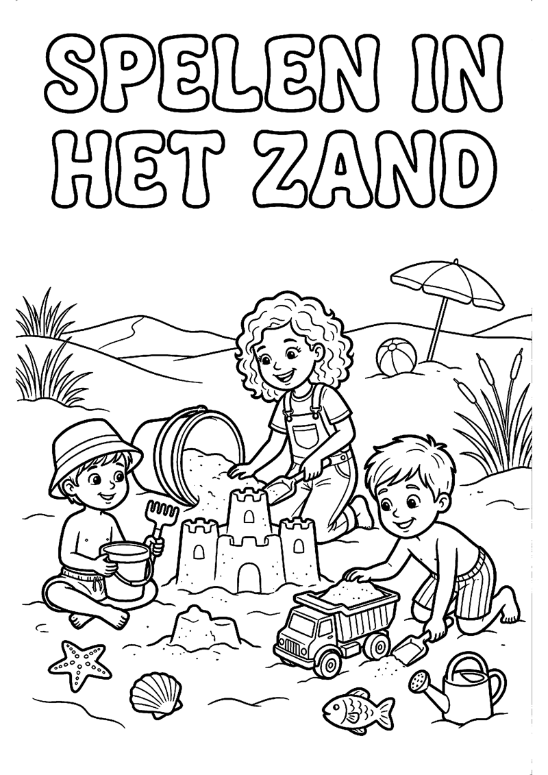 Kinderen Spelen in Zand met Emmer en Schep met Tekst Spelen in het Zand Strand Kleurplaat — gratis kleurplaat printen