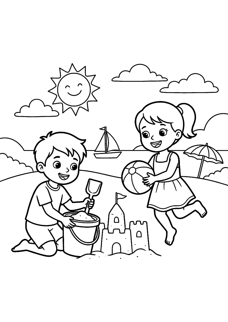 Kinderen Spelen in Zomervakantie Zomervakantie Kleurplaat — gratis kleurplaat