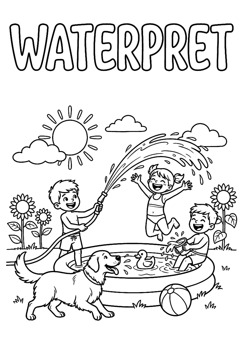 Kinderen Spelen met Water in Tuin of bij Zwembad met Tekst Waterpret Zomervakantie Kleurplaat — gratis kleurplaat