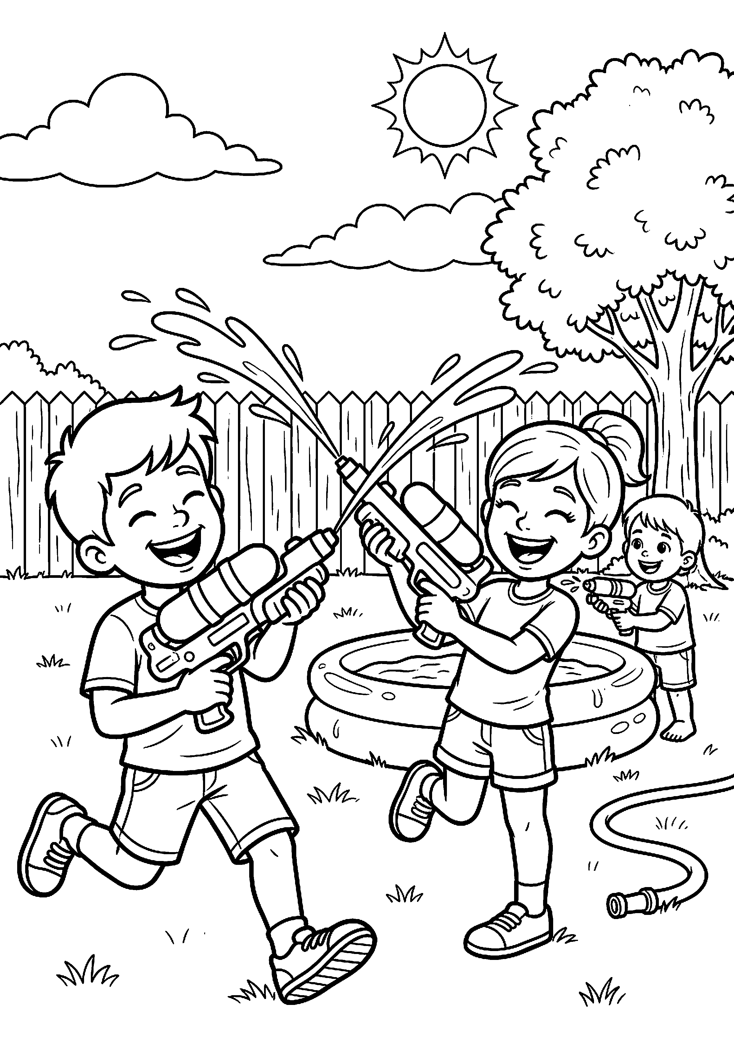 Kinderen spelen met waterpistolen kleurplaat — gratis kleurplaat